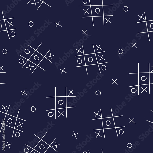 Tic-tac-toe seamless background on dark blue. Vector illustration. Design for fabric or packaging