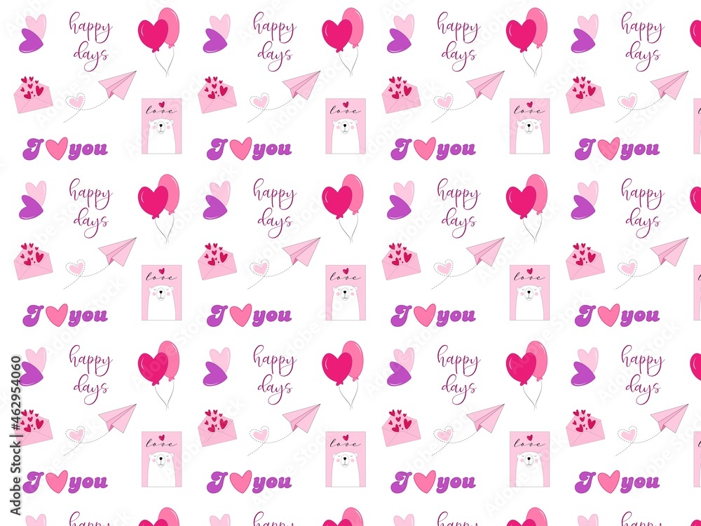 Vector illustration. Saint Valentines Day Pattern with pink ellements on white background. St Valentine background