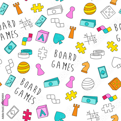 Board game themed seamless pattern. Colorful cartoon game pieces, playing cards and inscriptions. Pattern for wrapping paper or fabric