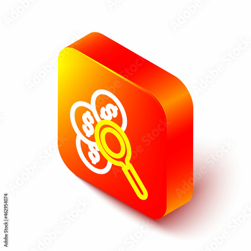 Isometric line Search for money icon isolated on white background. Orange square button. Vector