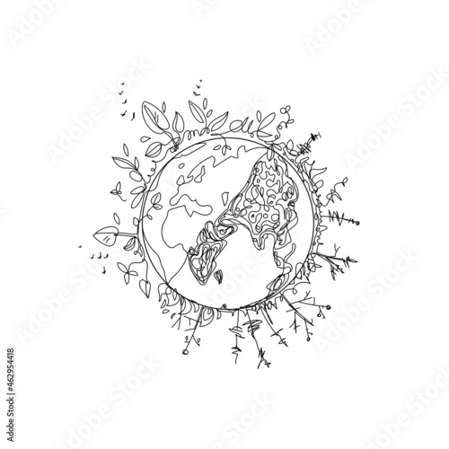 Climate change planet Earth, dry trees and planet drawn in modern style out line concept of global warming and saving the planet.art line design.vector illustration eps10