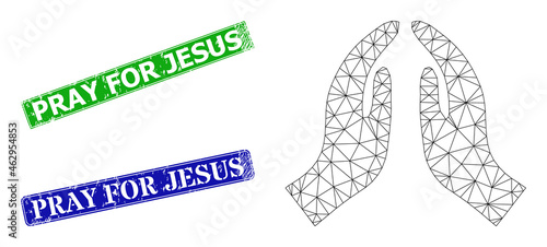 Mesh pray hands image, and Pray for Jesus blue and green rectangle unclean watermarks. Mesh carcass image based on pray hands icon. Seals include Pray for Jesus tag inside rectangle shape.