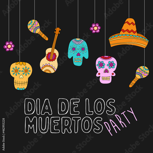 Day of the dead, Dia de los muertos, banner with colorful Mexican elements. Holiday poster, party flyer, funny greeting card