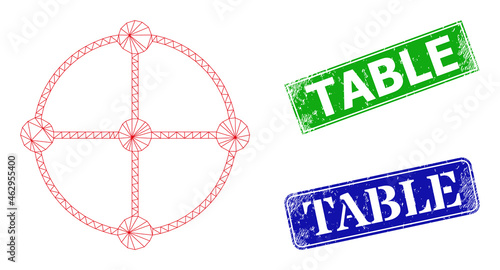 Network circle grid nodes model, and Table blue and green rectangular scratched stamps. Polygonal carcass illustration created from circle grid nodes icon.