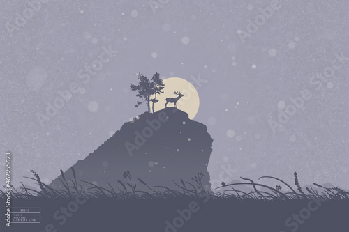 Deer at top of cliff. Landscape with endangered animal. Tall grass