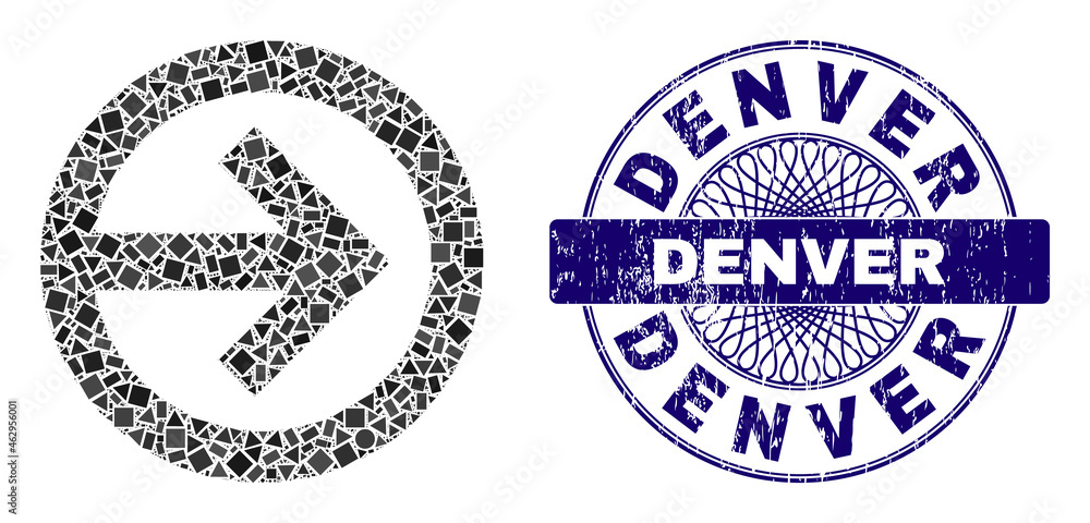 Geometric collage direction right, and Denver grunge seal. Violet stamp seal includes Denver caption inside round shape. Vector direction right collage is designed of different round, triangle,