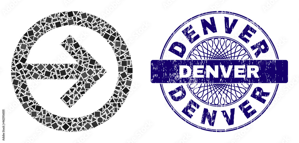 Geometric collage direction right, and Denver grunge seal. Violet stamp seal includes Denver caption inside round shape. Vector direction right collage is designed of different round, triangle, Geometric collage direction right, and Denver grunge seal. Violet stamp seal includes Denver caption inside round shape. Vector direction right collage is designed of different round, triangle,