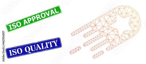 Net star bolide image, and ISO Approval blue and green rectangle textured seal imitations. Mesh wireframe image is designed with star bolide pictogram.