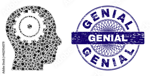 Geometric mosaic intellect, and Genial dirty badge. Violet seal includes Genial text inside circle form. Vector intellect mosaic is created with randomized circle, triangle, rectangular elements.