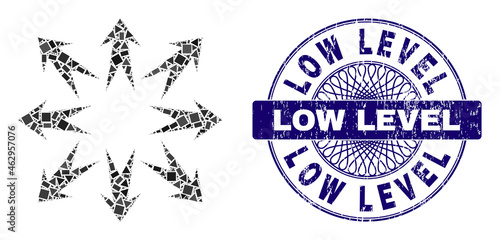 Geometric mosaic expand arrows, and Low Level dirty seal. Violet seal includes Low Level caption inside round form. Vector expand arrows mosaic is designed with randomized round, triangle,