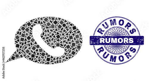 Geometric collage phone message, and Rumors textured stamp seal. Violet stamp seal contains Rumors title inside round shape. Vector phone message collage is made with scattered spheric, triangle,