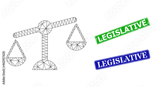 Polygonal weight measure image, and Legislative blue and green rectangle dirty stamp seals. Polygonal wireframe image is based on weight measure icon.