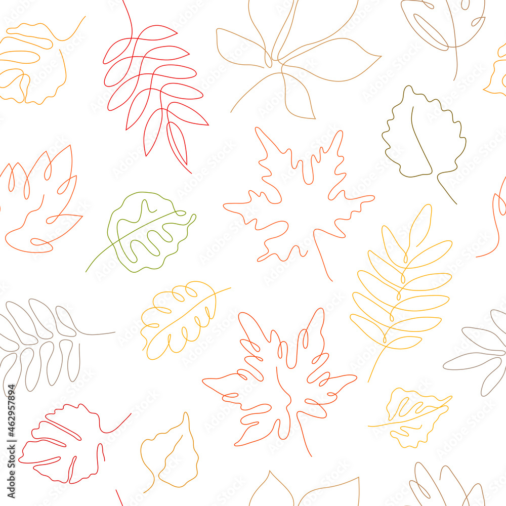 One line art style autumn leaf seamless pattern. Abstract creative plant in minimalism design. Hand drawn vector illustration.