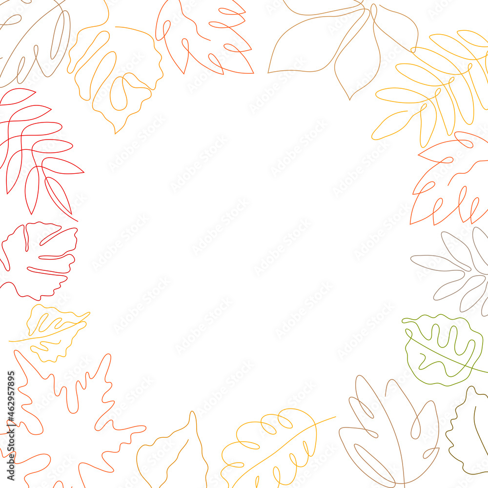 One line art style autumn leaf in the shape of frame. Abstract creative plant in minimalism design. Hand drawn vector illustration.