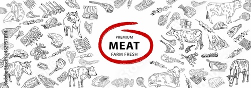 Fresh meat products collection. Sketch vector illustration. Hand drawn illustration. Pieces of meat design template. Design element for poster, menu, flyer, banner, menu, package.