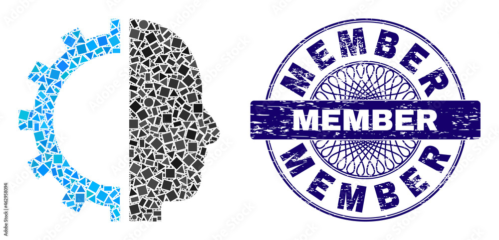 Geometric collage cyborg gear, and Member grunge seal. Violet stamp seal contains Member tag inside round form. Vector cyborg gear mosaic is organized from randomized round, triangle, square items. Geometric collage cyborg gear, and Member grunge seal. Violet stamp seal contains Member tag inside round form. Vector cyborg gear mosaic is organized from randomized round, triangle, square items.