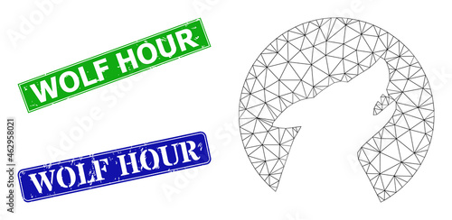 Mesh wolf image, and Wolf Hour blue and green rectangular textured badges. Mesh carcass image based on wolf icon. Stamps contain Wolf Hour text inside rectangular form.