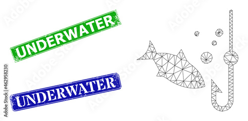 Net underwater fishing image, and Underwater blue and green rectangular grunge stamp seals. Polygonal carcass image is designed with underwater fishing icon.