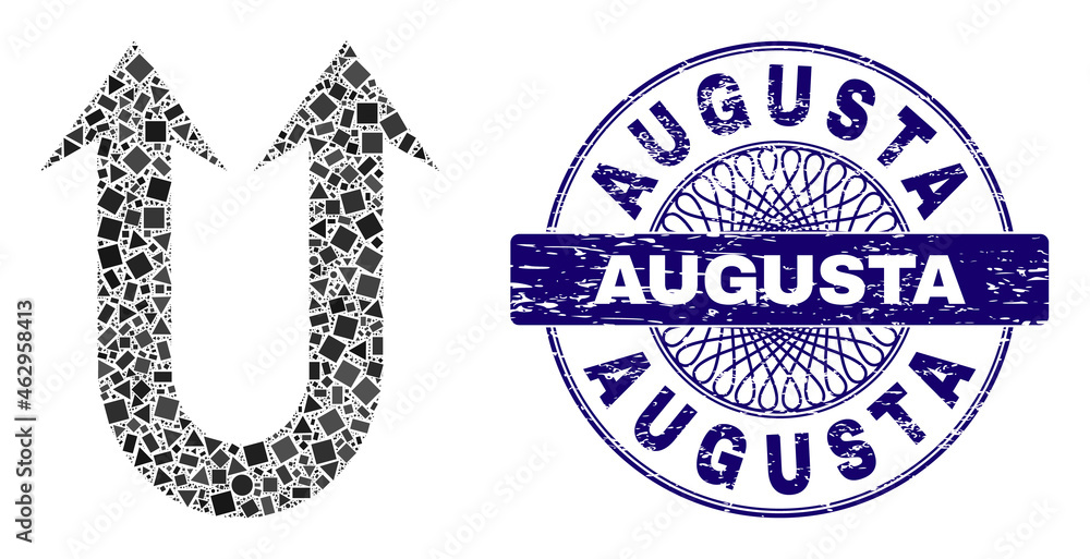 Geometric mosaic double forward arrow, and Augusta corroded stamp seal. Blue stamp seal includes Augusta tag inside round shape. Vector double forward arrow mosaic is constructed from random circle, Geometric mosaic double forward arrow, and Augusta corroded stamp seal. Blue stamp seal includes Augusta tag inside round shape. Vector double forward arrow mosaic is constructed from random circle,