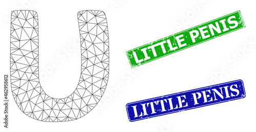 Polygonal Upsilon Greek lowercase symbol image, and Little Penis blue and green rectangular unclean stamp seals.