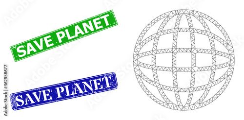 Network sphere model, and Save Planet blue and green rectangular unclean stamp seals. Polygonal carcass symbol based on sphere icon. Seals contain Save Planet text inside rectangular shape.
