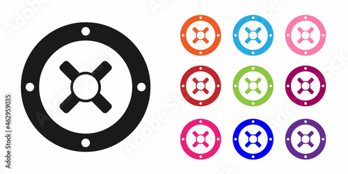 Black Safe icon isolated on white background. The door safe a bank vault with a combination lock. Reliable Data Protection. Set icons colorful. Vector