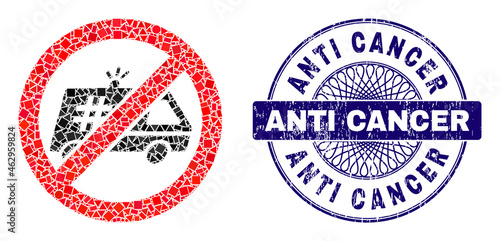 Geometric mosaic stop jail police car, and Anti Cancer grunge stamp. Blue stamp contains Anti Cancer text inside circle shape. Vector stop jail police car mosaic is organized with randomized circle,