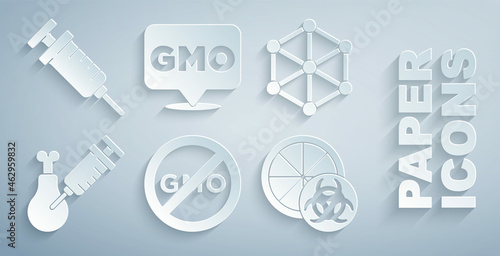 Set No GMO, Gmo research chicken, Genetically modified orange, and Syringe icon. Vector