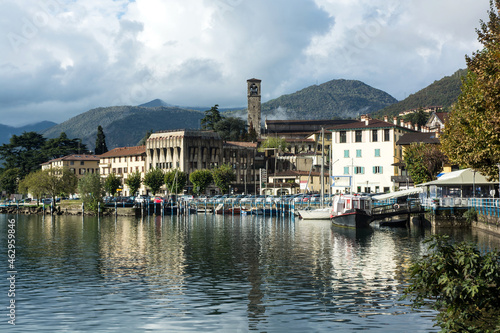Lake town of Lovere in the Italian Lakes. Looking across the lake towards the church in the background. 