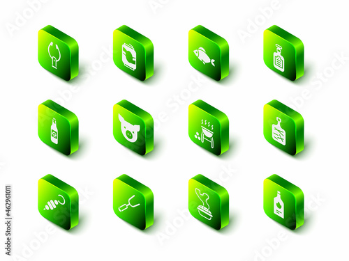 Set Soda can, Fish, Sauce bottle, Cutting board, Tabasco sauce, Barbecue grill, Homemade pie and fork icon. Vector