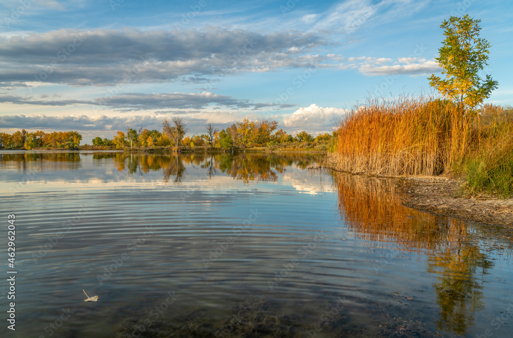 calm lake at sunset in one of Fort Collins natural areas in northern Colorado, fall scenery