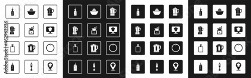 Set Teapot, Manual coffee grinder, Blender, Bottle olive oil, Chef hat with location, Citrus fruit juicer, Cutting board and icon. Vector