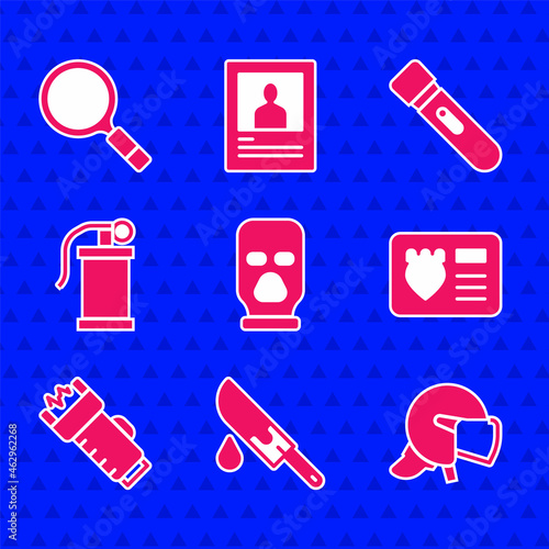 Set Balaclava, Bloody knife, Police helmet, badge with id case, electric shocker, Hand smoke grenade, Flashlight and Magnifying glass search icon. Vector