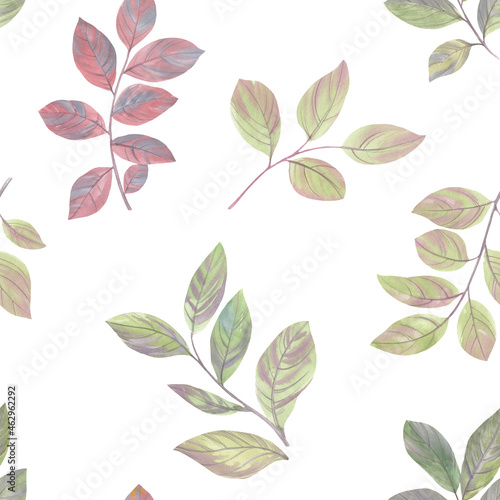 Decorative leaves seamless pattern on an abstract background. Abstract seamless background of leaves and branches. Botanical watercolor drawing for printing, wallpaper, packaging. © Sergei