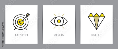 Mission, vision and values of company. Business concept. Web page template. Metaphors with icons.
