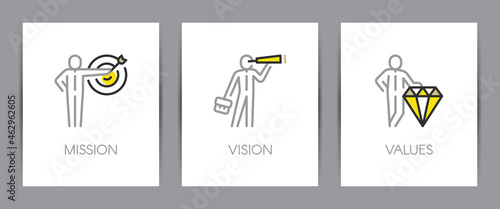 Mission, vision and values of company. Business concept. Web page template. Metaphors with icons and businessman.