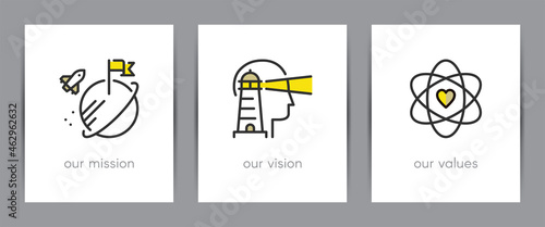 Our mission, our vision and our values.  Business concept. Web page template. Metaphors with icons.