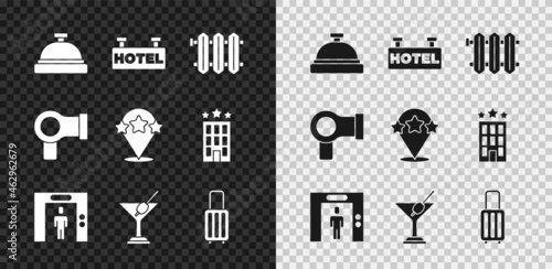 Set Hotel service bell, Signboard with text, Heating radiator, Lift, Martini glass, Suitcase, Hair dryer and Five stars rating review icon. Vector