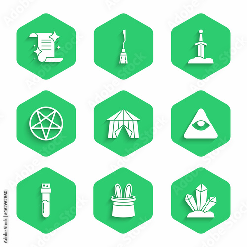 Set Circus tent, Magician hat and rabbit ears, stone, Masons, Bottle with potion, Pentagram in circle, Sword the and Ancient magic book icon. Vector