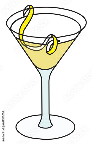 Gibson Martini variation cocktail in specific glass. Gin and Scotch Whiskey based drink garnished with lemon twist. Stylish doodle cartoon vector illustration good for cards, menu decoration, posters