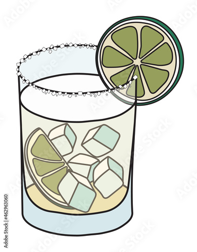Tommys Margarita classic New Era cocktail in tumbler glass. Tequila based drink garnished slice of lime and salty rim. Stylish doodle cartoon vector illustration good for cards, menu decoration