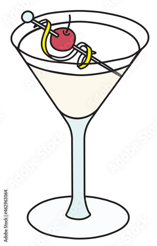 Tuxedo classic cocktail in martini glass, The Unforgettables official list. Gin and Vermouth based drink garnished with lemon twist and cherry. Stylish hand-drawn doodle cartoon vector illustration