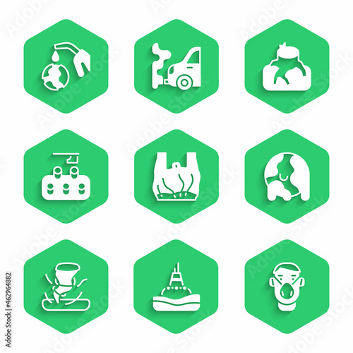 Set Say no to plastic bags poster, Floating buoy on the sea, Face protective mask, Global warming, Tornado, Deforestation, and Gas pump nozzle and globe icon. Vector