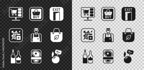 Set Shopping cart on computer, Buy button, Fire exit, Whiskey bottle, Meat packaging steak, Supermarket food products with price label, QR code and Seller icon. Vector