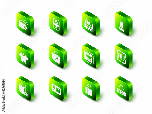 Set Fish plastic tray container, Cash register machine, Sauce bottle, Scanner scanning bar code, Hanging sign with Closed, Buy button, Paper bag bread loaf and Identification badge icon. Vector