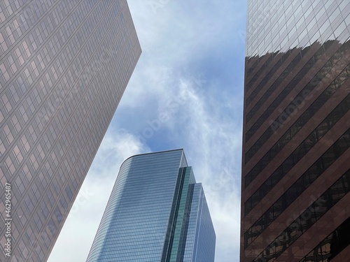 LOS ANGELES, CA, JAN 2021: Detail of skyscrapers and reflections in Downtown Financial District on overcast day