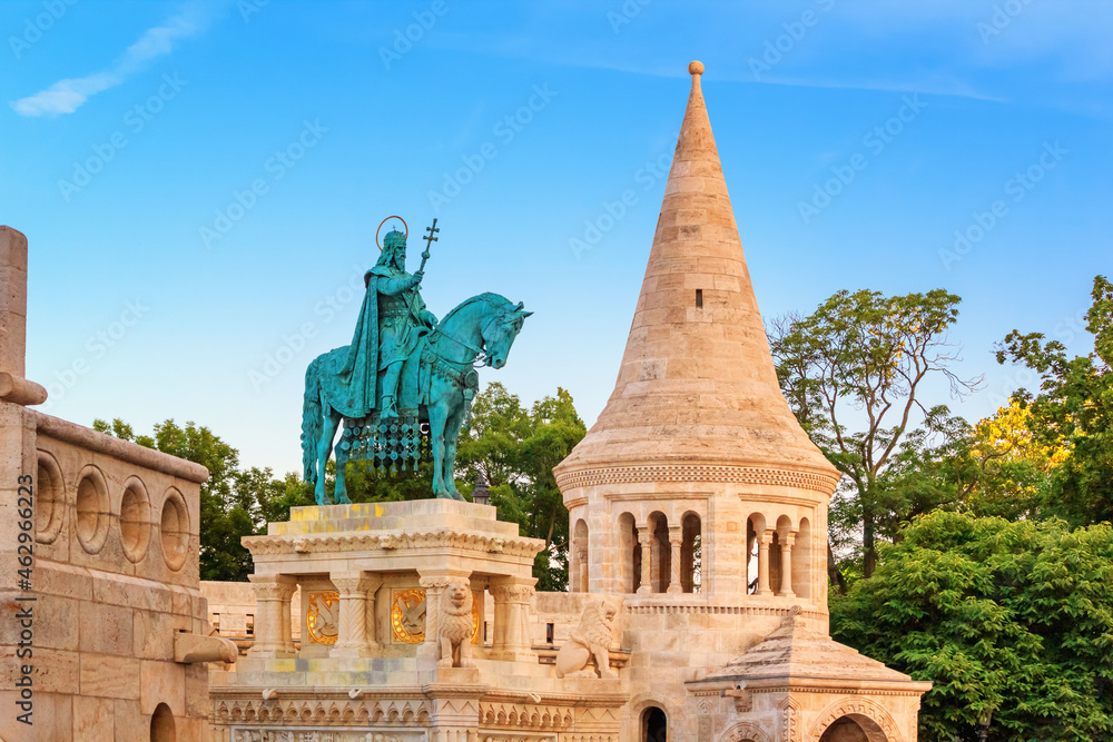 View of the equestrian statue of King Saint Stephen I of Hungary against the background of the Fisherman's Bastion in Budapest, Hungary