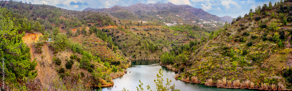 Panoramic view of the Farmakas village at the Troodos Mountains in the Nicosia District, Republic of Cyprus