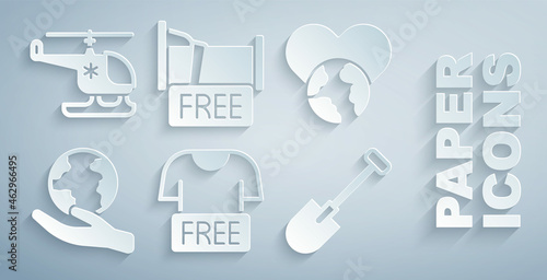 Set Clothes donation, The heart world - love, Hand holding Earth globe, Shovel, Free overnight stay house and Rescue helicopter icon. Vector