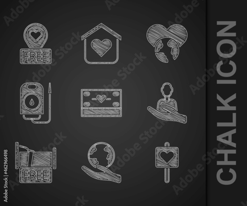 Set Donation and charity, Hand holding Earth globe, Location with heart, Caring for people, Free overnight stay house, Blood donation, The world - love and icon. Vector